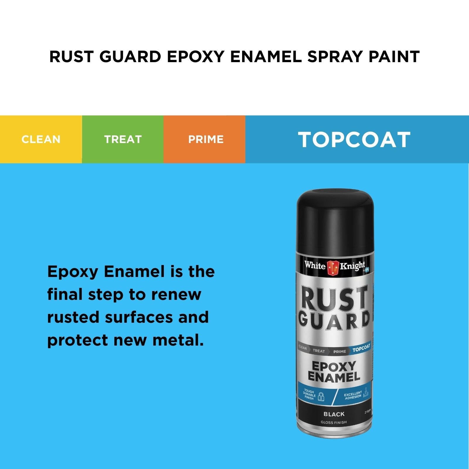 White Knight Rust Guard Epoxy Enamel Spray Paint 310g - Black Gloss, Solvent Based Metal Finish