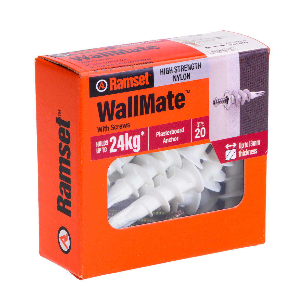 Ramset Nylon Wallmate Plasterboard Anchor with Screws 20 Pack - 75mm x 70mm - Easy Installation - Non-Conductive - SuperSaverAU - view 1