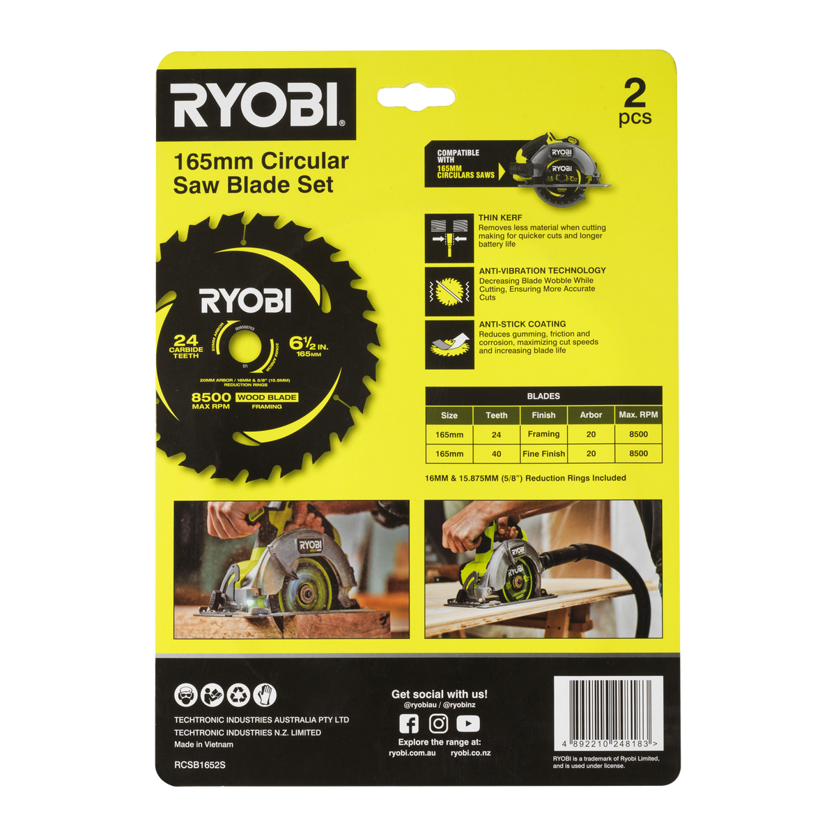 Ryobi Circular Saw Blade 2 Pack - 165mm 24T & 40T - Quick Cuts & Fine Finishes