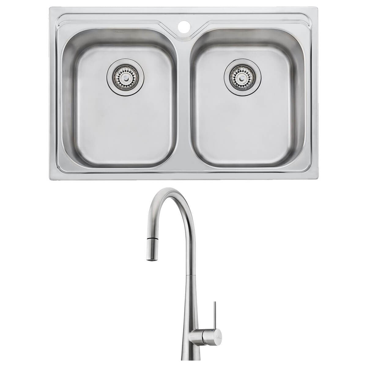 Oliveri Diaz double bowl sink and Essente pull out tap - 316 stainless steel, rear waste - SS31625DZ23TU