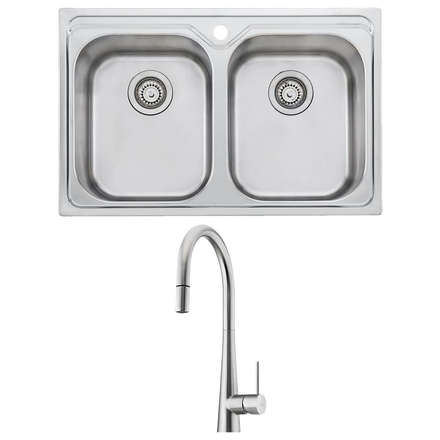 Oliveri Diaz double bowl sink and Essente pull out tap - 316 stainless steel, rear waste - SS31625DZ23TU