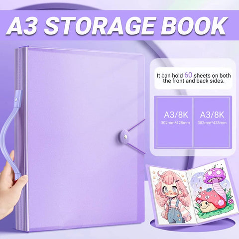A3 8K Drawing Book Storage Album with Carry Handle - Purple