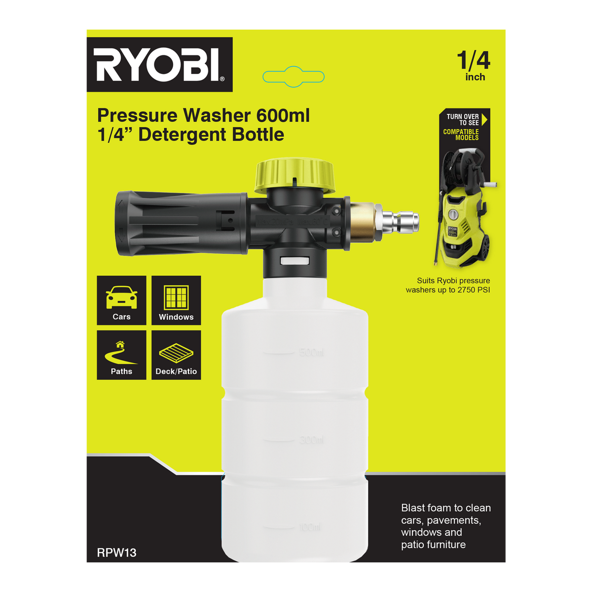 Ryobi 600ml Pressure Washer Detergent Bottle - Automatic Mixing - Adjustable Nozzle - SuperSaverAU - view 4