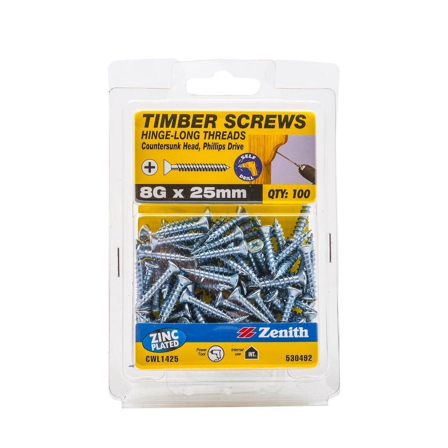 Zenith Hinge Long Thread Screws 8g x 25mm Zinc Plated 100 Pack - SuperSaverAU - view 1