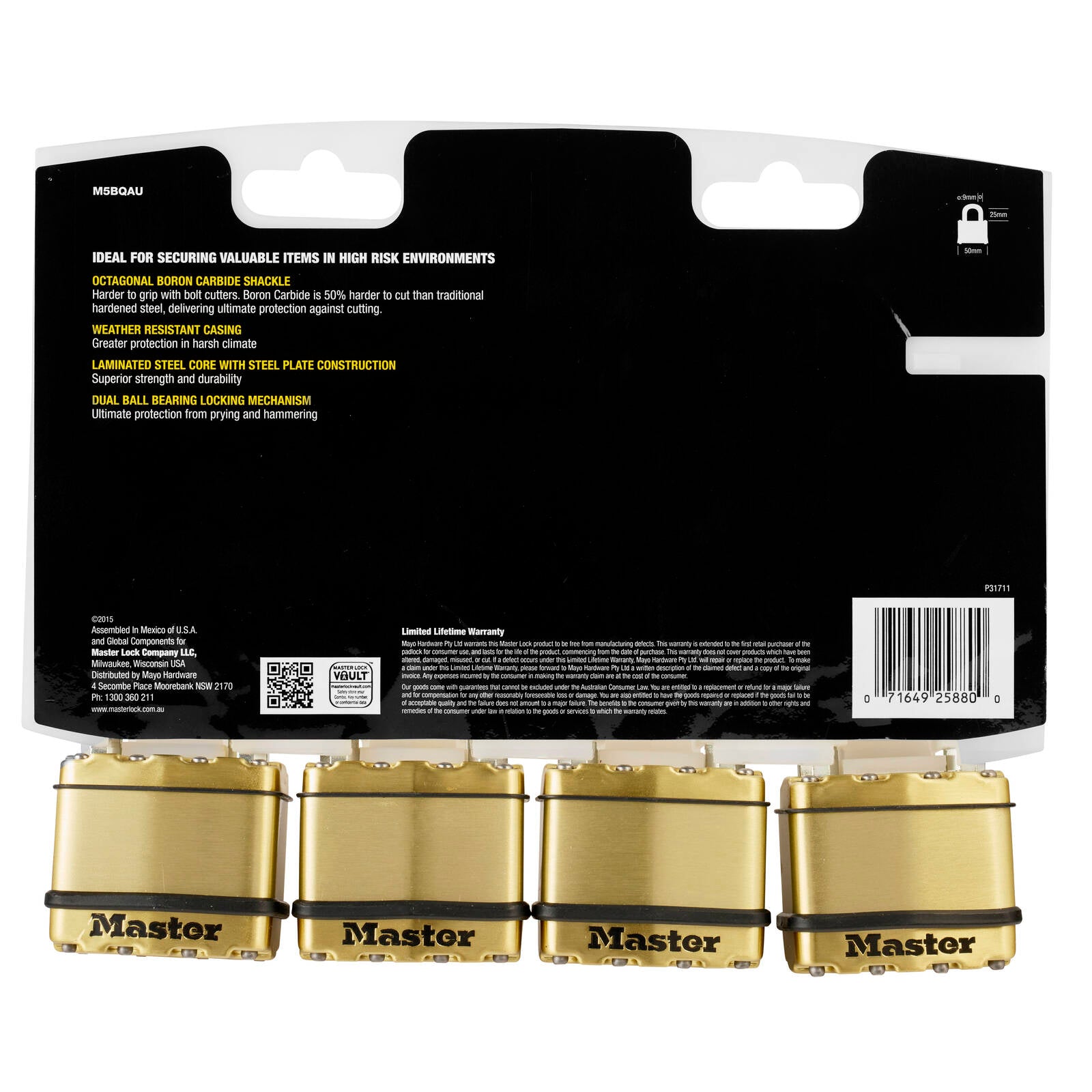 Master Lock 50mm Excell Padlock 4 Pack Laminated Steel Boron-Carbide Shackle