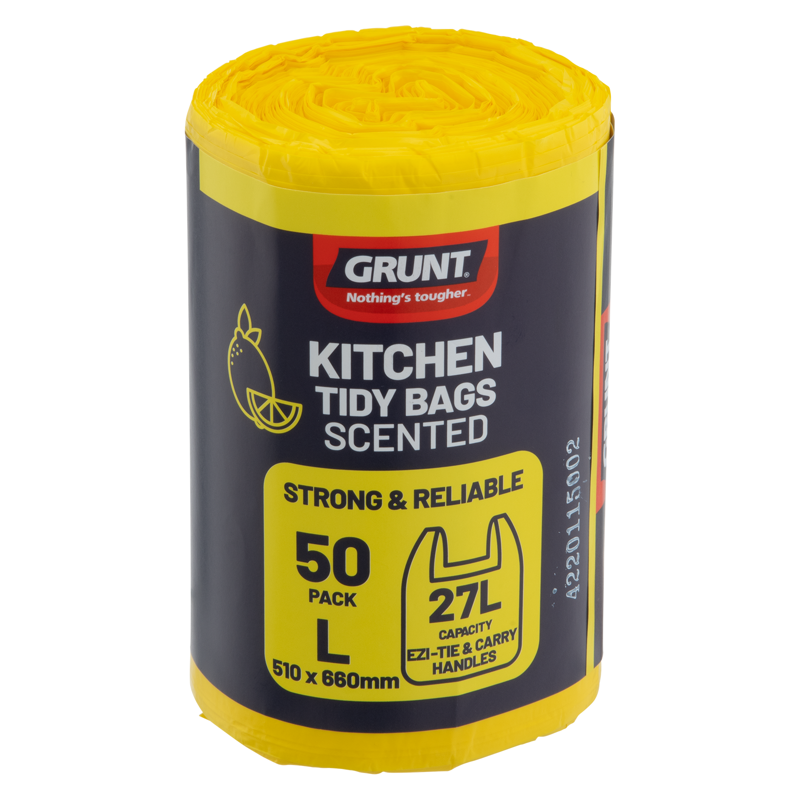 GRUNT 27L Lemon Scented Kitchen Tidy Bags, 50 Pack, HDPE with Handles