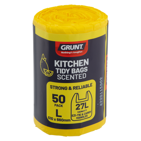 GRUNT 27L Lemon Scented Kitchen Tidy Bags, 50 Pack, HDPE with Handles