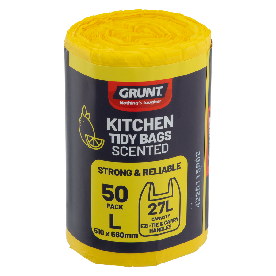 GRUNT 27L Lemon Scented Kitchen Tidy Bags, 50 Pack, HDPE with Handles