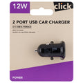 Click 12W 2 Port USB Car Charger CLK1006B - Black, Charges Two Devices at Once
