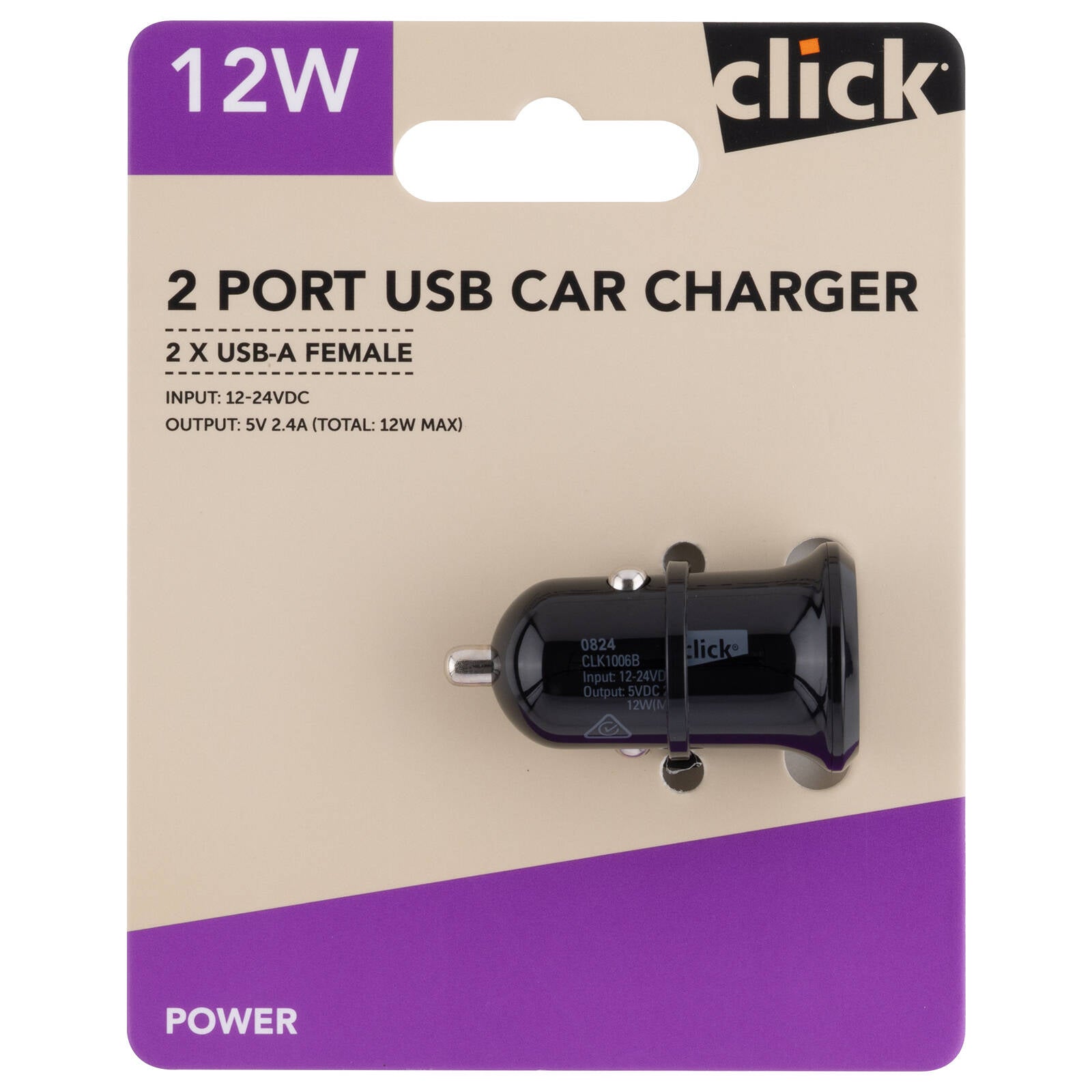 Click 12W 2 Port USB Car Charger CLK1006B - Black, Charges Two Devices at Once