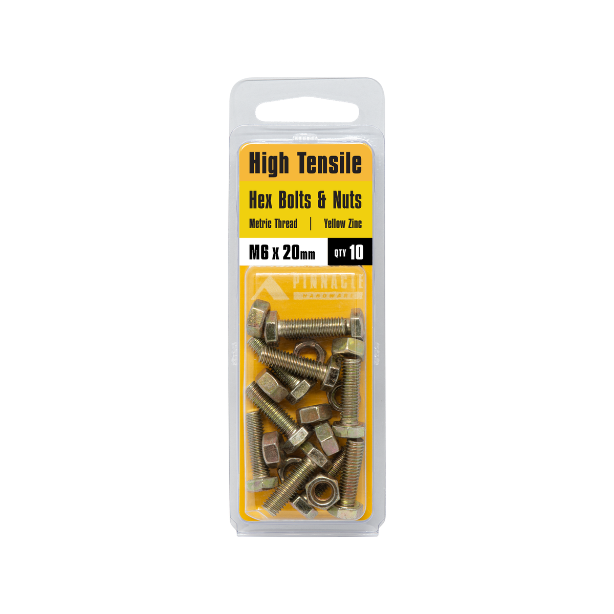 Pinnacle M6 x 20mm Hi-Tensile Hex Bolt and Nut - Yellow Zinc, 10 Pack