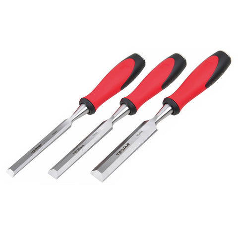Trojan 3 Piece Wood Chisel Set 13mm 19mm 25mm with Full Tang Blades and Rubber Grips