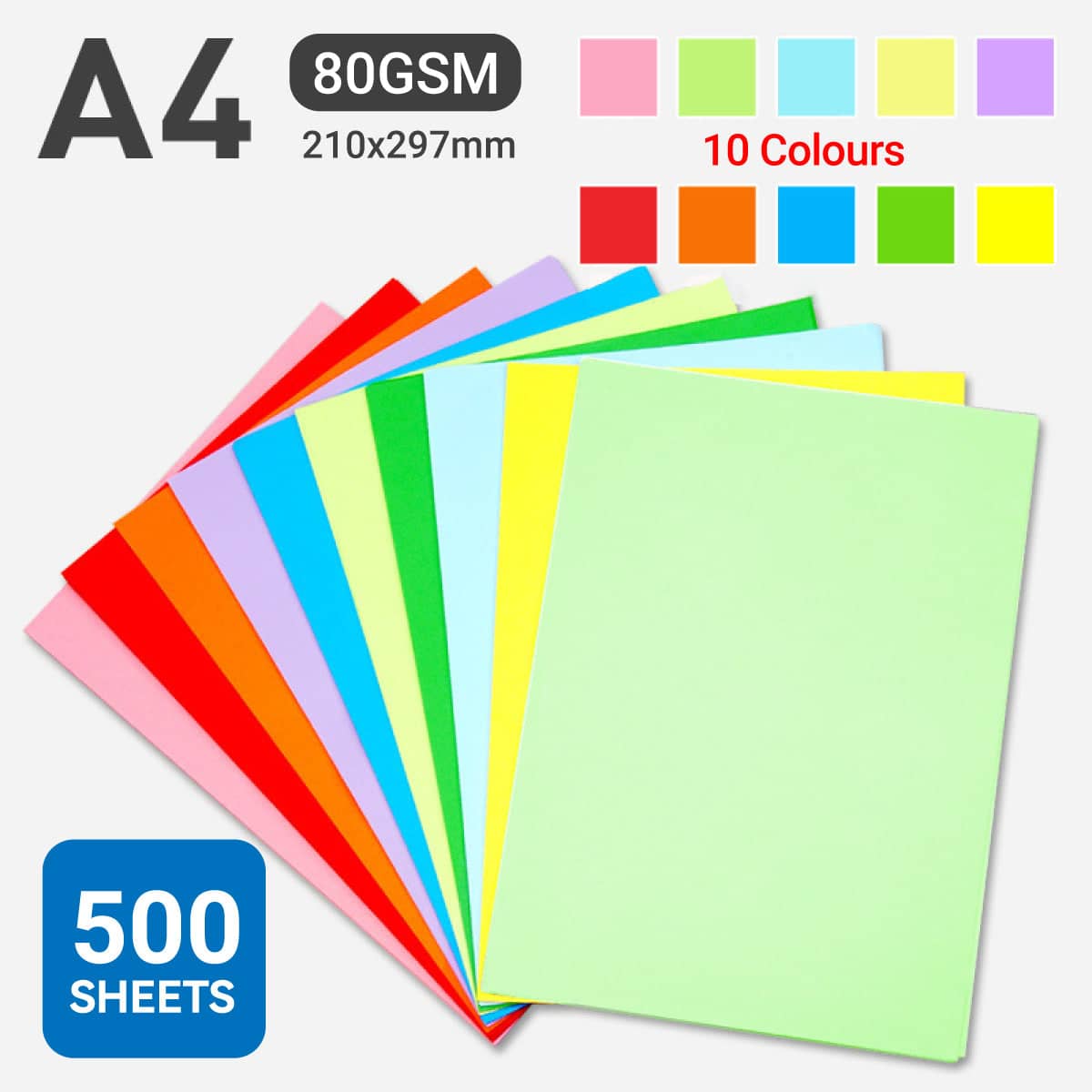 A4 Coloured Paper - 10 Assorted Colours, 500 Sheets, 80gsm