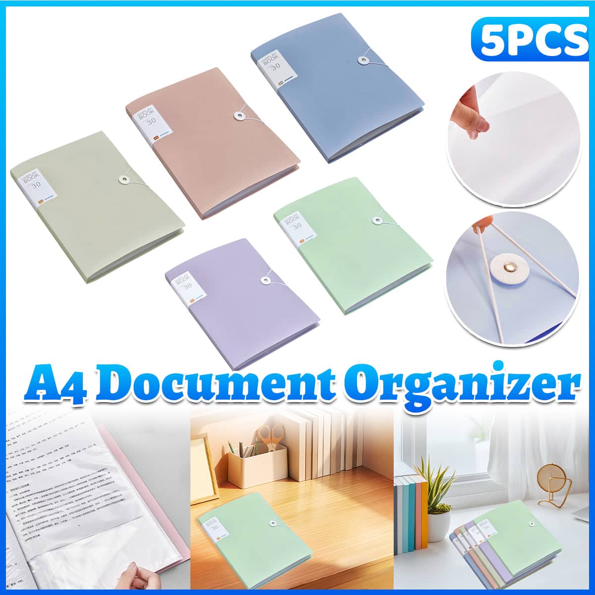 A4 Document Folder with 30 Clear Pockets, Set of 5 Assorted Colours