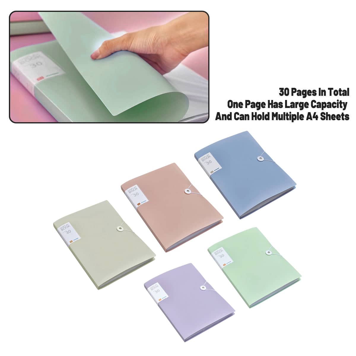 A4 Document Folder with 30 Clear Pockets, Set of 5 Assorted Colours - view 4