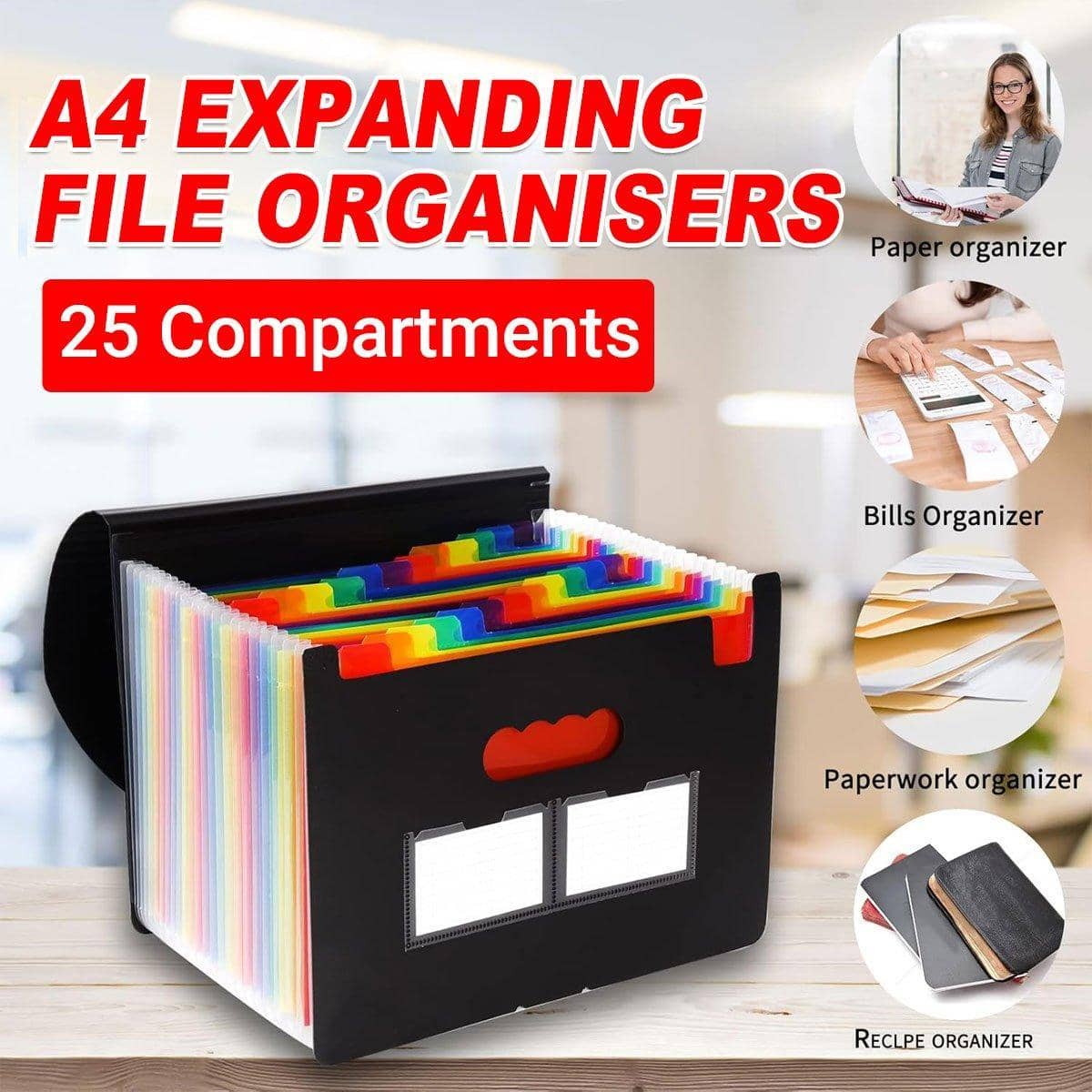 A4 Expanding File Organiser with 25 Compartments, Multilayer Office File Storage