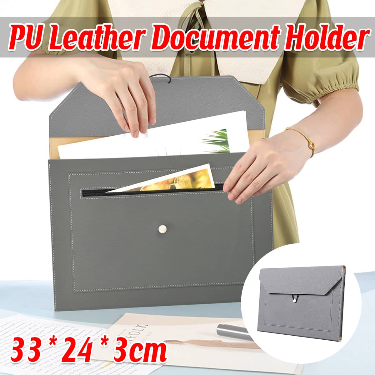 A4 Waterproof Document Bag for Office and School in PU Leather, Grey