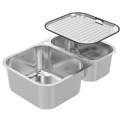 Abey Double Bowl Sink - 26L and 16L Stainless Steel - Removable Drainer - Top Mount - NQ180TH