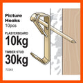 Everhang 30kg Heavy-Duty Brass Plated Steel Picture Hanging Angle Drive Hook - 10 Pack