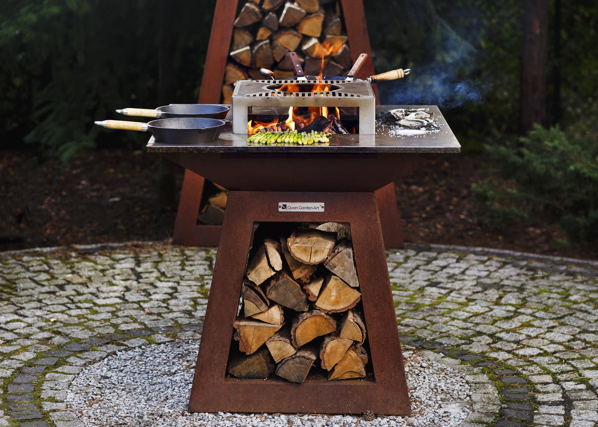 Quan Garden Art Wood BBQ and Fire Pit - 15mm Carbon Steel Cooking Surface - 5907771391021