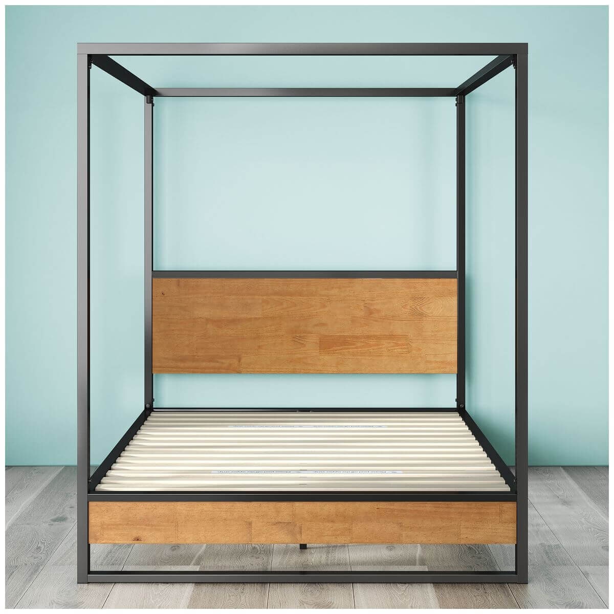 Zinus Ironline Queen canopy bed frame - black steel with wood accents, non-slip slats - AU-IRPBHC-14Q