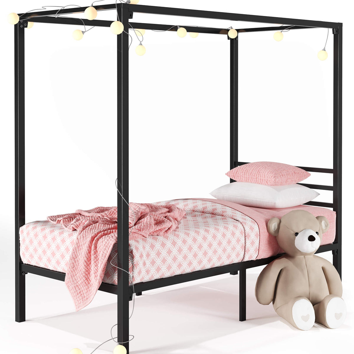 Zinus Patricia Single Metal Canopy Bed Frame in Black - Steel Frame, Underbed Storage - AU-CPBF-S