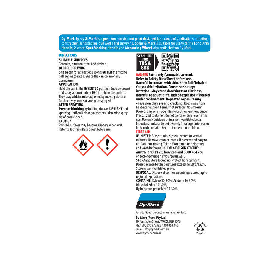 Dy-Mark 350g Fluoro Orange Spray & Mark Line Marking Paint, Inverted, Splatter Resistant