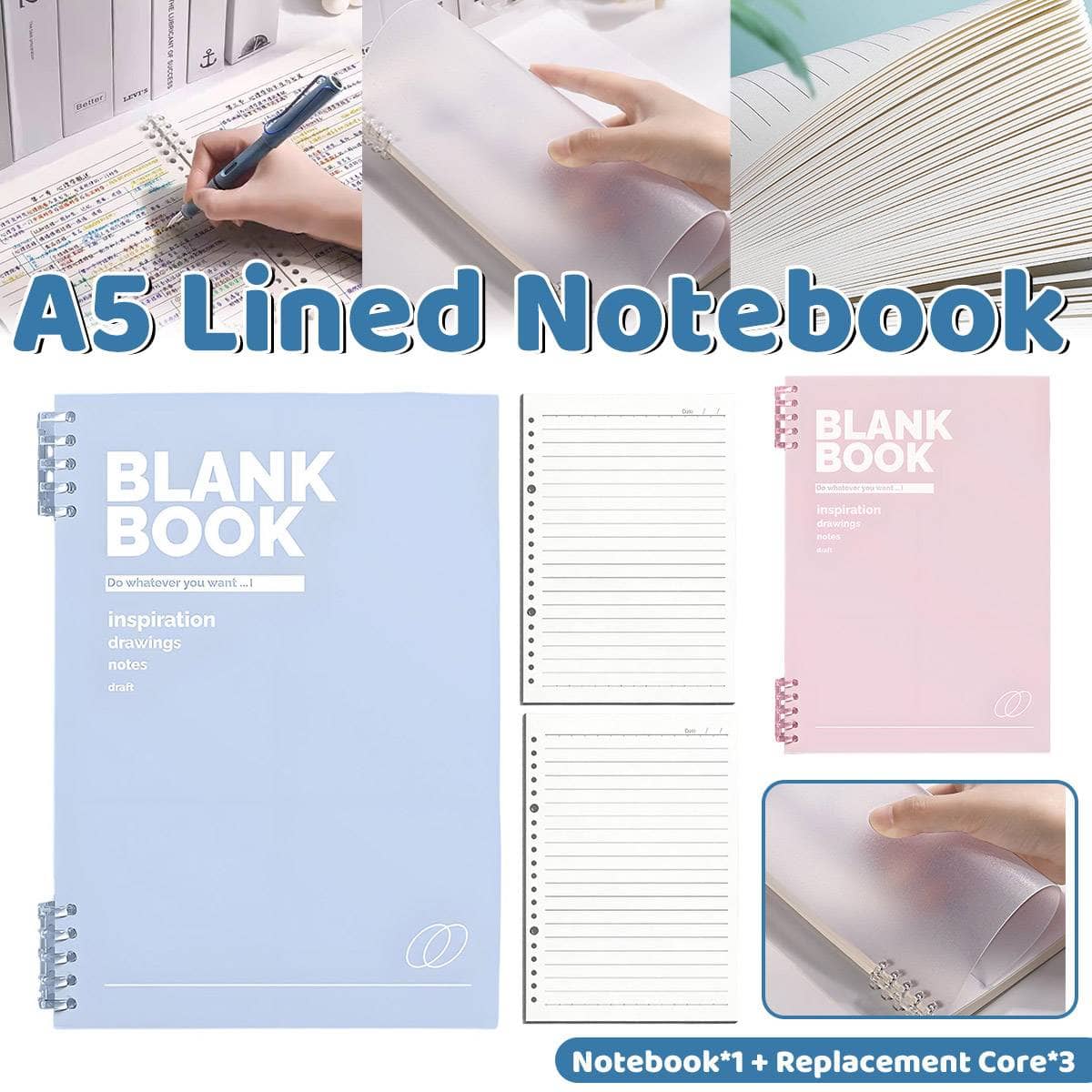 A5 Refillable Binder Notebook with 3 Lined Refills - Light Blue - view 2