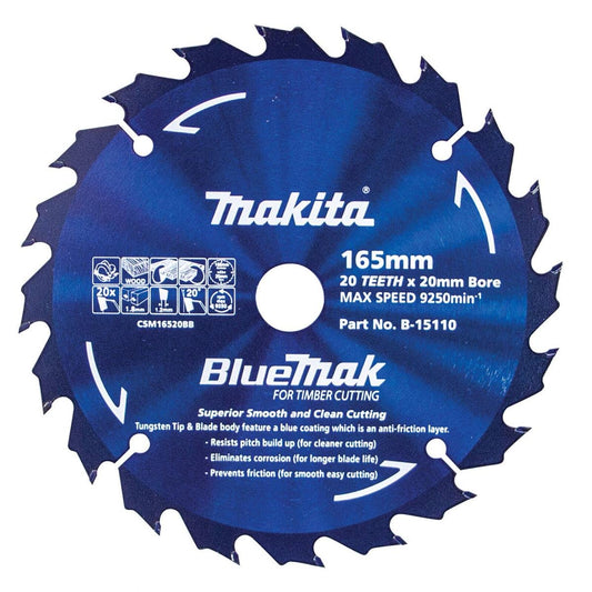 Makita 165mm 20t Bluemark Circular Saw Blade - Tungsten Carbide - Efficient Cutting