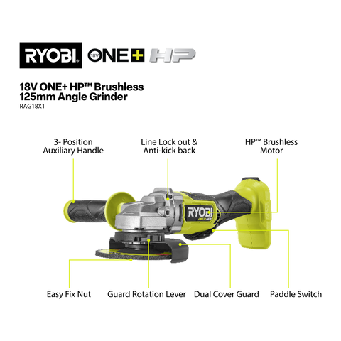 Ryobi 18V ONE+ HP 125mm Angle Grinder RAG18X1 Cordless Tool Only