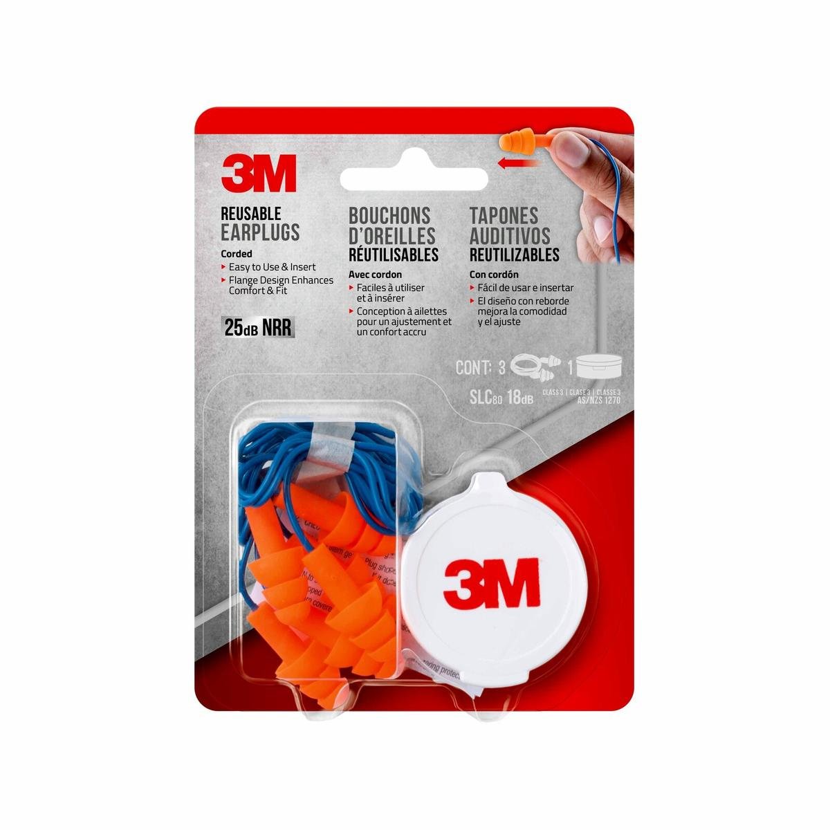 3M Corded Reusable Earplugs - 3 Pairs - 25 dB NRR - Soft Washable Material - SuperSaverAU - view 1
