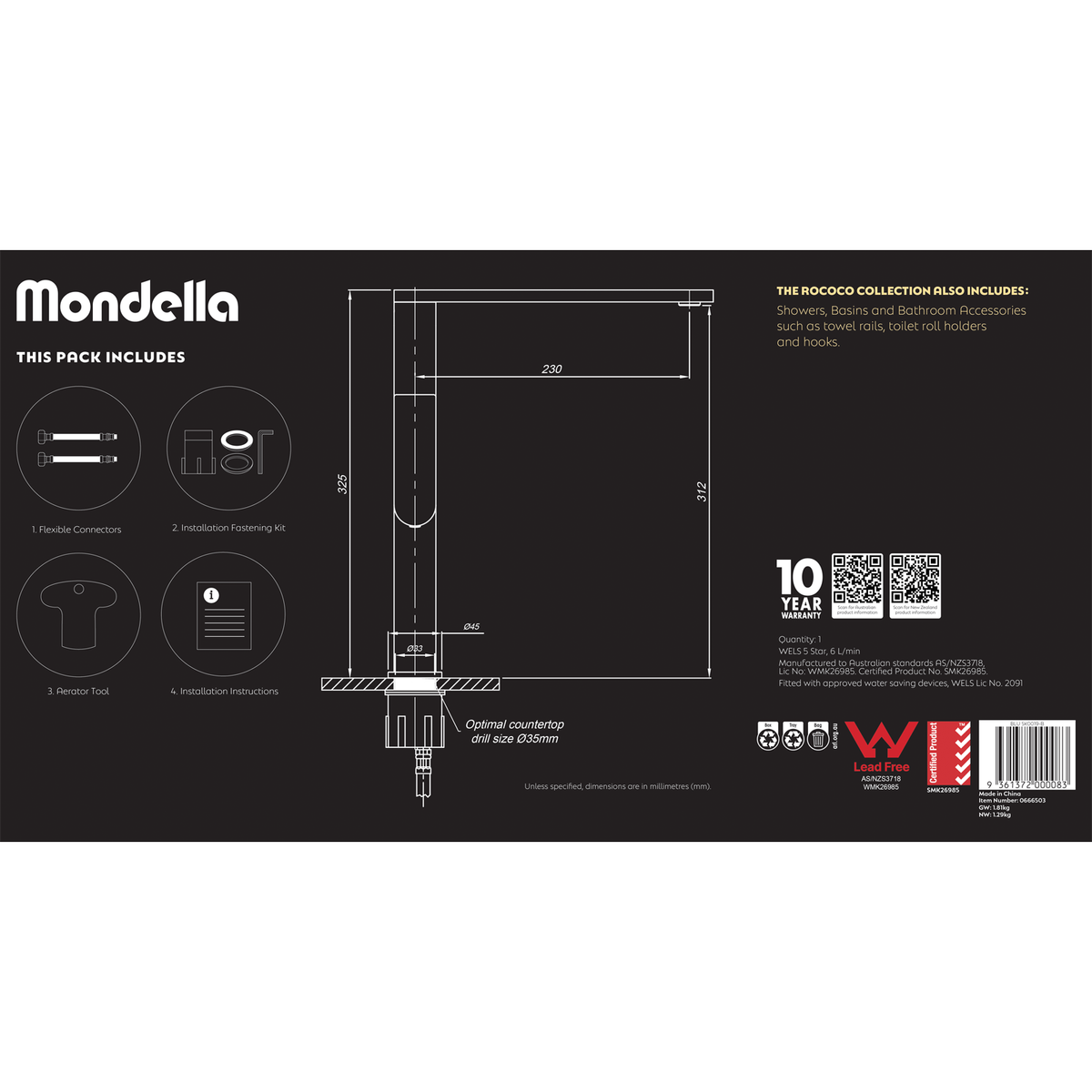 Mondella Black Matte Rococo Sink Mixer - 60mm x 470mm x 250mm - Lead-Free - SuperSaverAU - view 5
