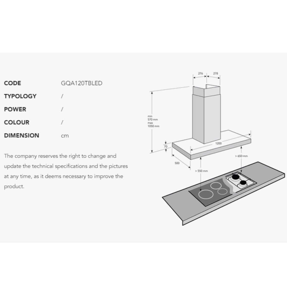 Glem Gas Quiet Air 120cm canopy rangehood - stainless steel, off-board motor, touch control - GQA120TBLED