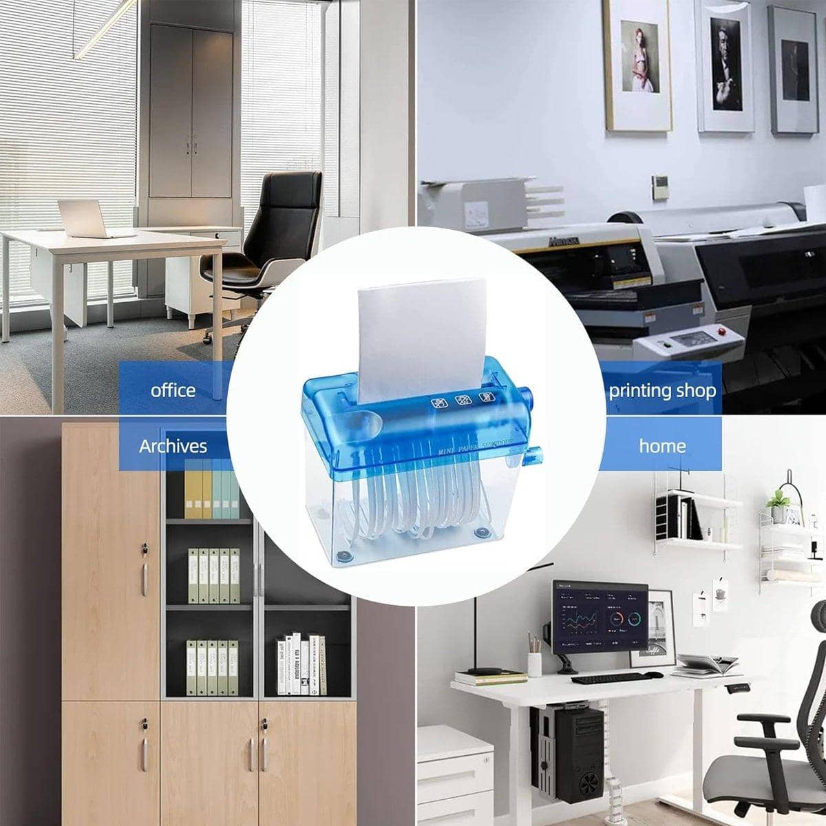 A6 Mini Hand Crank Paper Shredder, 3 mm Strip Cut - Blue - view 4