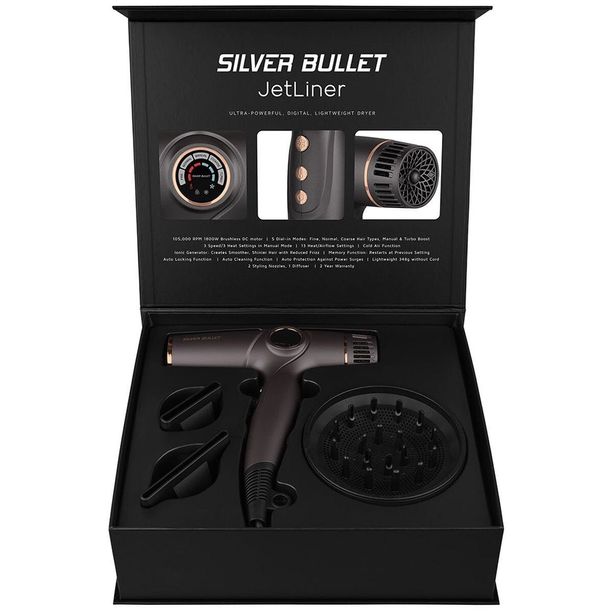 Silver Bullet Jetliner hair dryer 1800W - 5 dial-in modes, ionic, auto-locking - 900619