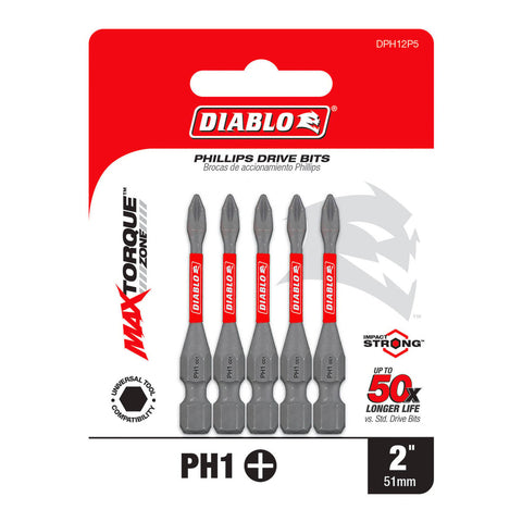 Diablo 2 Power Bit 5 Pack - 2" #1 Phillips Drive Bits - Extreme Durability - SuperSaverAU - view 1