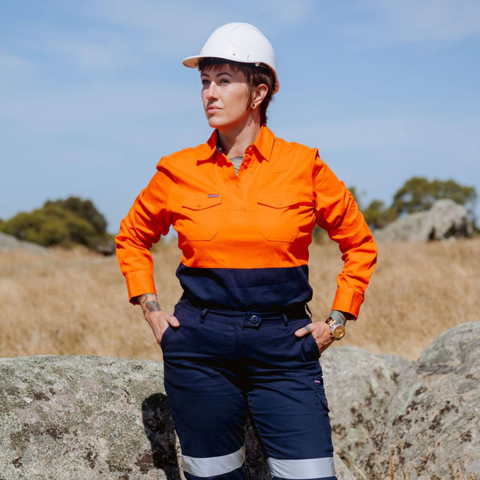 Green Hip Long Sleeve Hi-Vis Work Shirt Orange/Blue Size 10 Women's