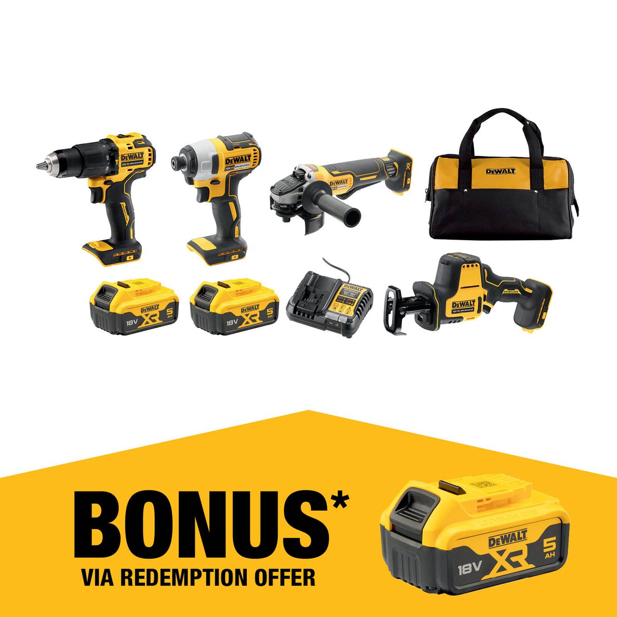 Dewalt 18V XR Hammer Drill Driver Combo Kit - 4 Piece - 5.0Ah Batteries