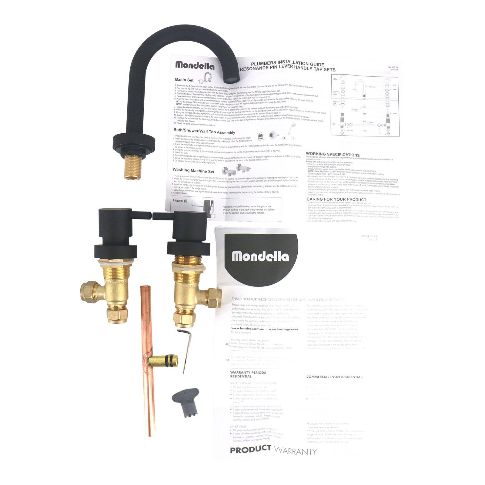 Mondella Resonance Matte Black 1/4 Turn Pin Lever Basin Set, 7.5L/min WELS 4 Star, Hot Water