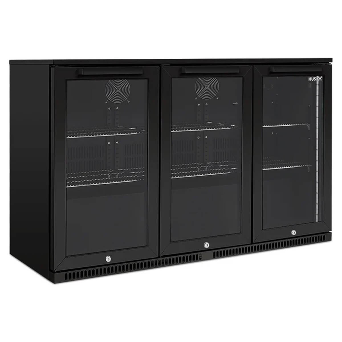 Husky 307L triple door outdoor beverage fridge - black, anti-condensation glass doors - ALFC3BLK840ELB