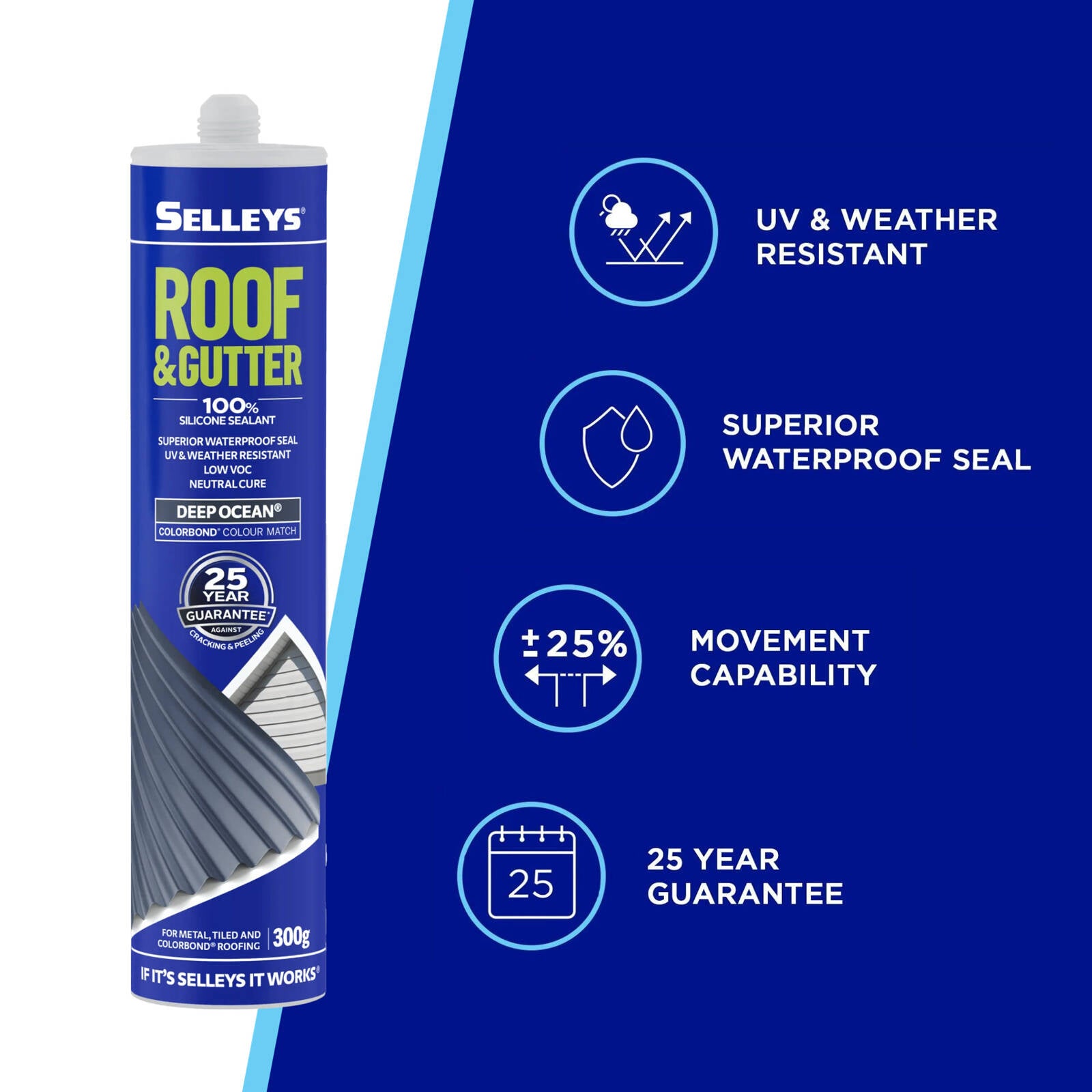 Selleys Roof and Gutter Silicone Sealant Deep Ocean 300g UV Resistant