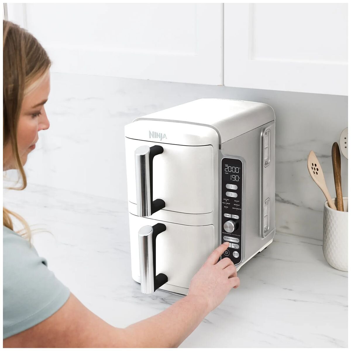 Ninja DoubleStack 9.5L Two Drawer Air Fryer - Stacked Design, Sync Function, White Finish - SL400WH
