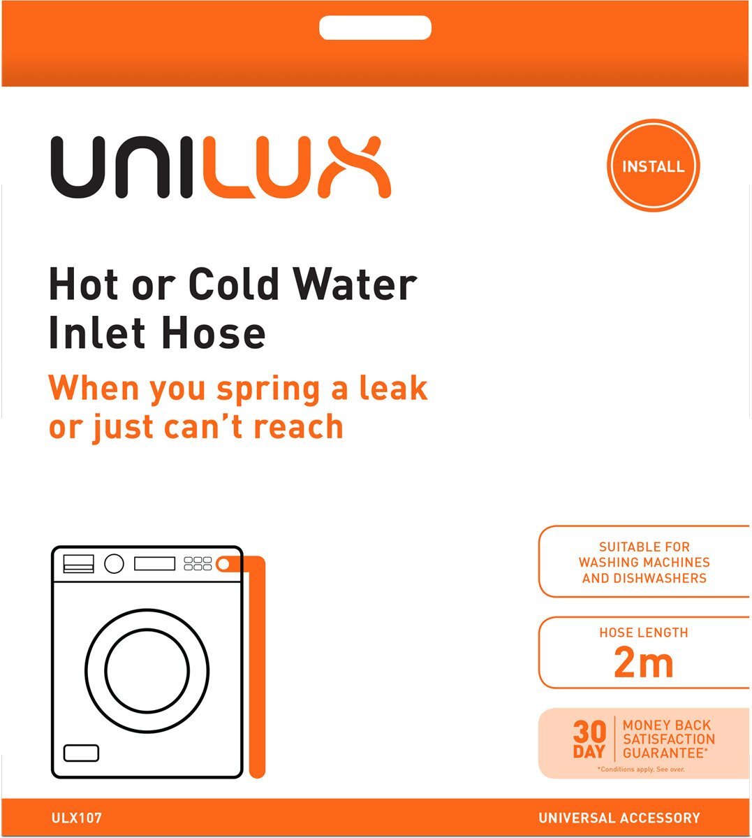 Unilux 2m hot or cold water inlet hose for washing machines and dishwashers - ULX107