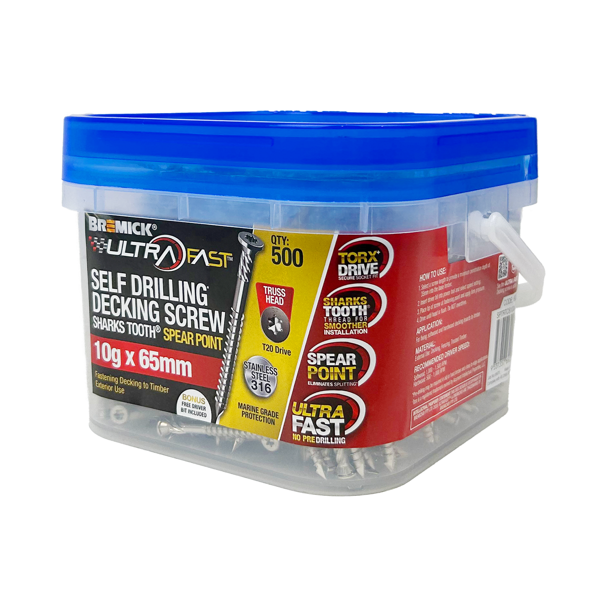 Bremick Ultrafast Stainless Steel 316 T20 Truss Head Screws 10g x 65mm - 500 Pack - Quick Installation - Flush Finish - SuperSaverAU - view 1