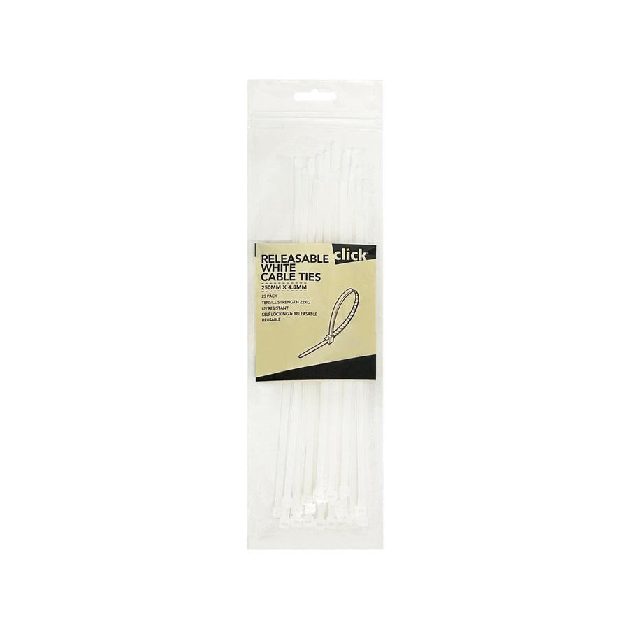Click 250mm White Releasable Cable Tie 25 Pack - UV Resistant Nylon - SuperSaverAU - view 1