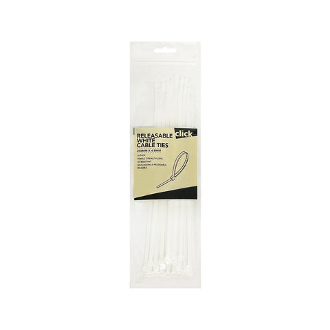Click 250mm White Releasable Cable Tie 25 Pack - UV Resistant Nylon Reusable