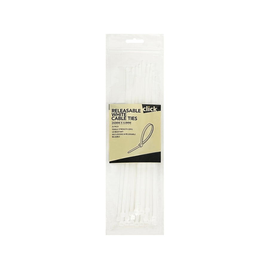 Click 250mm White Releasable Cable Tie 25 Pack - UV Resistant Nylon Reusable