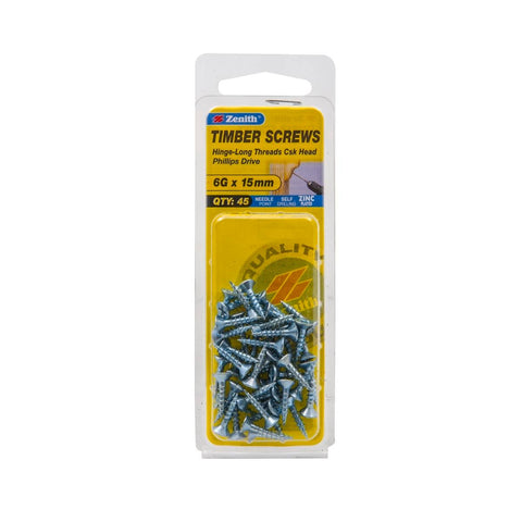 Zenith Hinge Long Thread Screws - 6g x 15mm - Zinc Plated - 45 Pack - SuperSaverAU - view 1