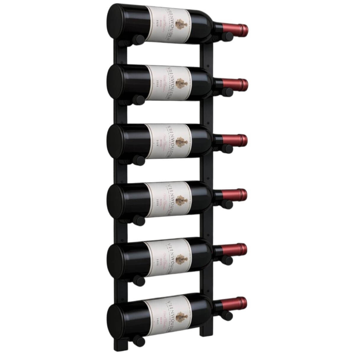 KingsBottle 6 bottle wall-mounted wine rack - offset pegs, tall metal rail, matt black - RAIL0684-WPH01MBK