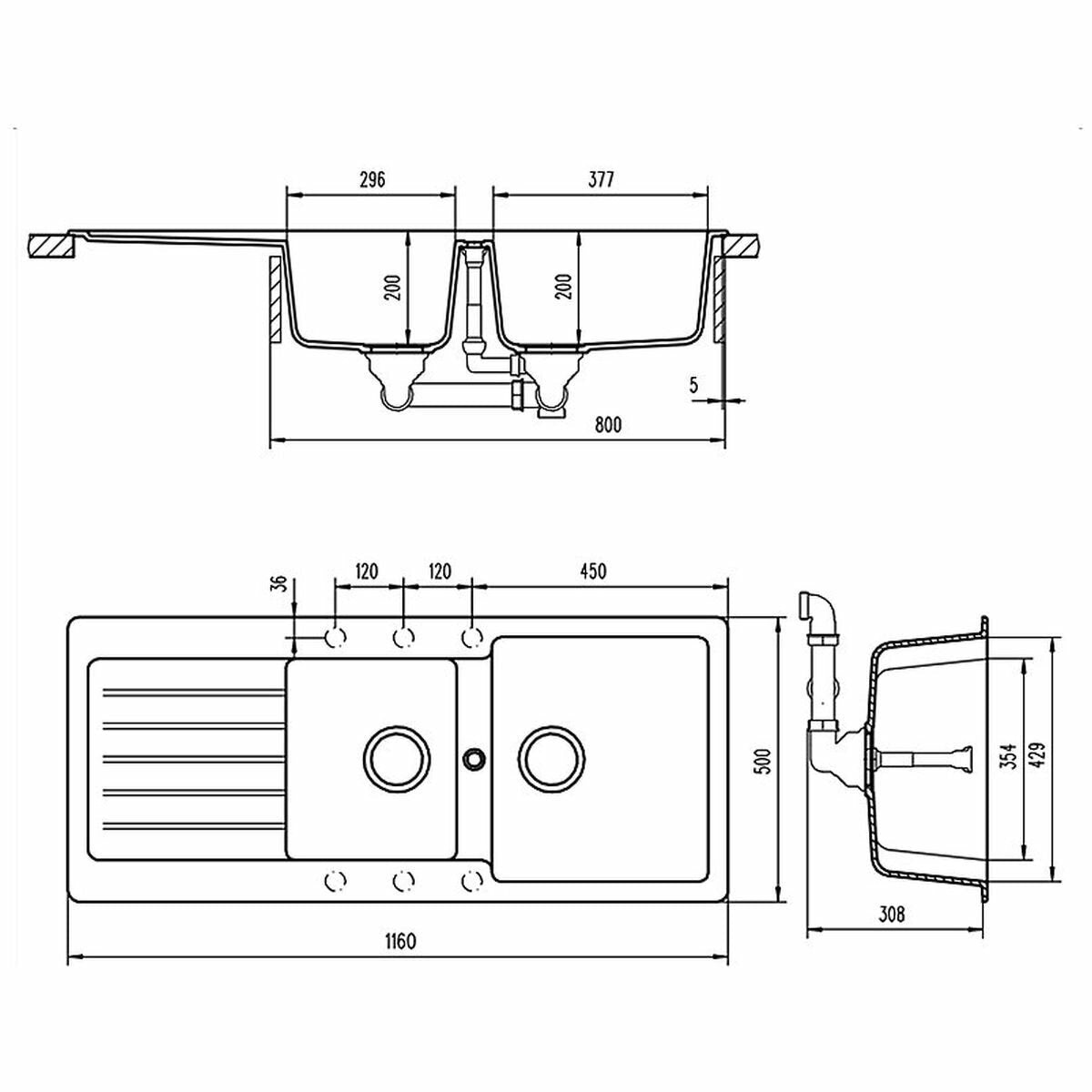 Abey 1 and 3/4 bowl undermount sink pack with left hand drainer and 4 star mixer - Croma - TD200TCR